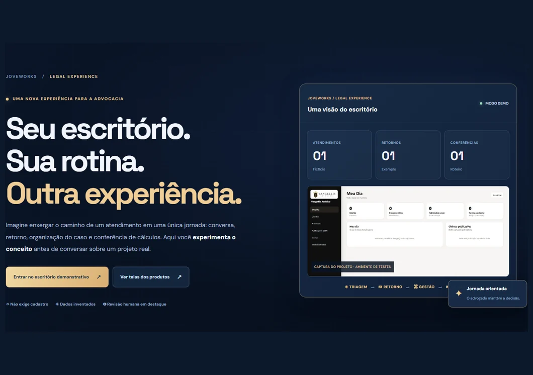 Captura real do novo Legal Experience no JovePC, com escritório demonstrativo e produtos jurídicos